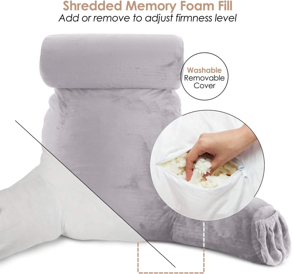 Nestl Reading Pillow with Shredded Memory Foam Includes 2 Neck and Lumber Support Pillows, Designed for Sitting Up in Bed and Couch, Back and Arms Adjustable Support for Adult & Teens, Grey Lavender