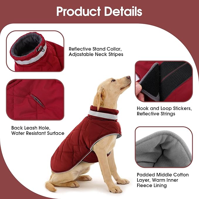 Dog Winter Coat Warm Padded Puppy Jacket Windproof Water Resistant Clothes for Small Medium Large Pets Christmas Sweater Outfit Vest(Red, 2XL)