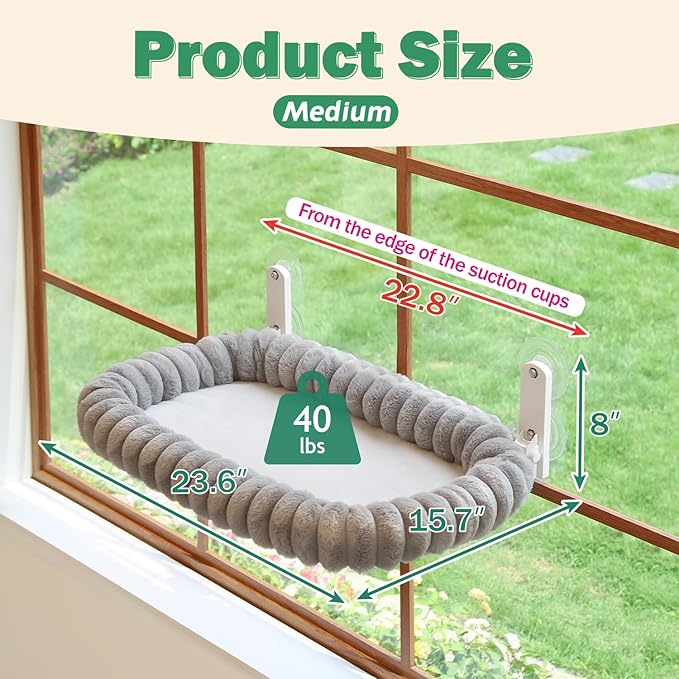 Zakkart SnugCloud Foldable Cat Window Perch - Cordless, Ultra Soft Machine Washable Bed with 4-Sided Bolster, Metal Frame - Window Hammock for Large Cats and Kittens (Gray, Medium)