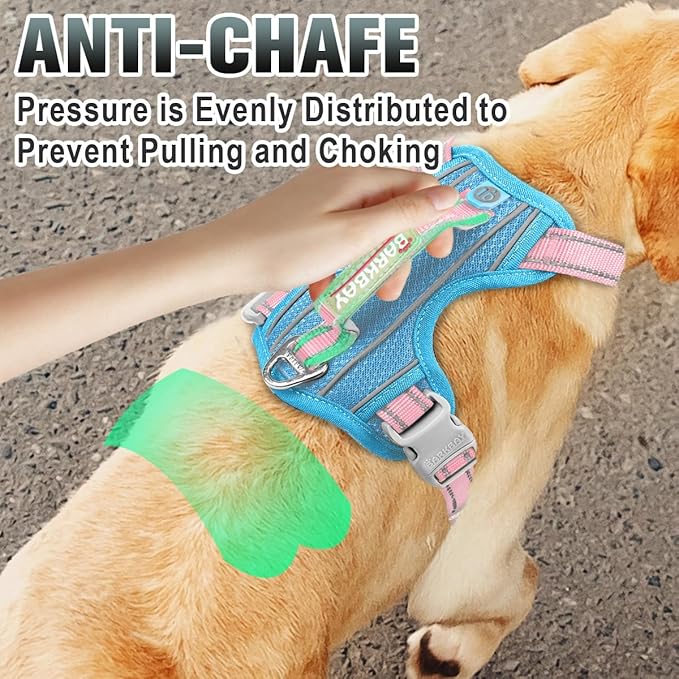 BARKBAY No Pull Dog Harness Large Reflective Dog Harness with Front Clip and Easy Control Handle for Walking Training Running with ID tag Pocket(Baby Blue & Baby Pink,XL)