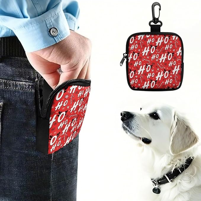 KEIAHUAN Christmas Dog Treat Pouch Small Bag Portable Training Walking Treat Bag for Puppies with Clasp Christmas Hohoho Hand Free Pet Snack Bag for Walking Hiking Traveling