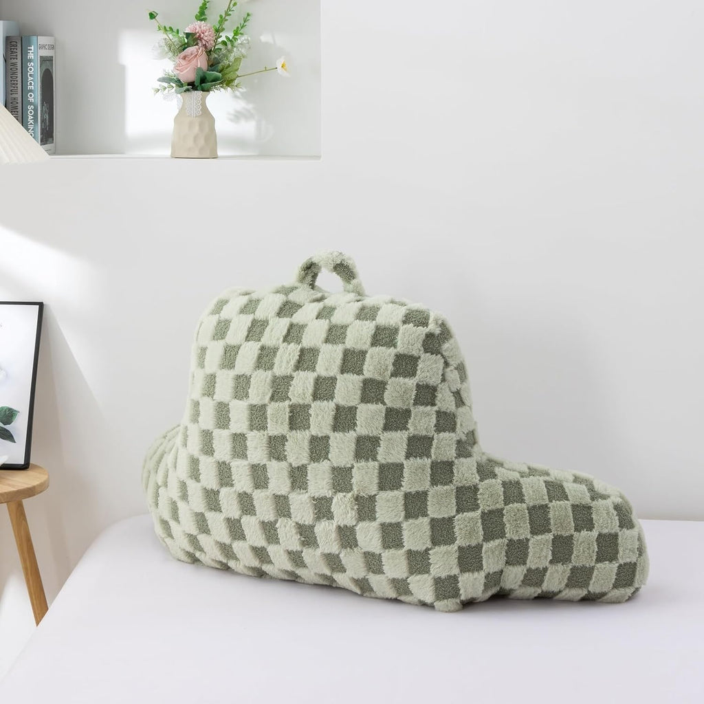 A Nice Night Faux Fur Reading Pillow,Checkered Fluffy Grid Plaid,Bed Wedge Pillow Large Adult Children Backrest with Arms for Bedrest,Green