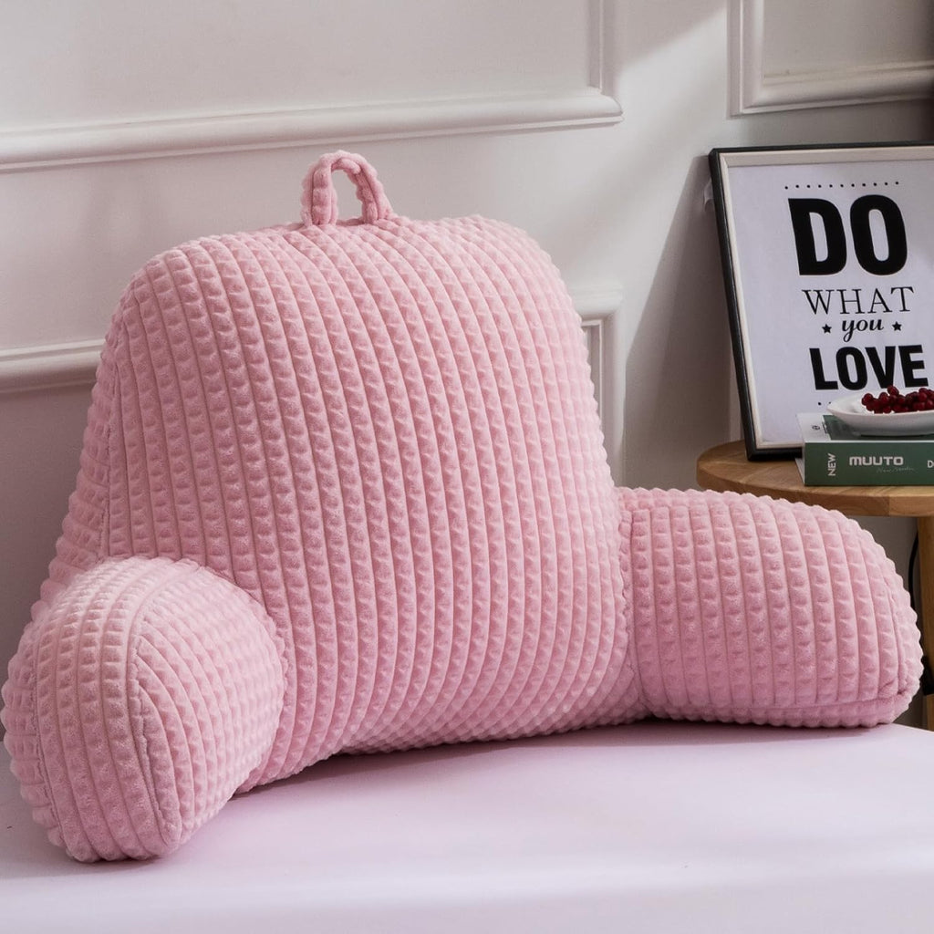 A Nice Night Reading Pillow Bed Wedge Large Adult Children Backrest with Arms Back Support for Sitting Up in Bed/Couch for Lounging Bedrest,Waffle Stereoscopic Design,Pink