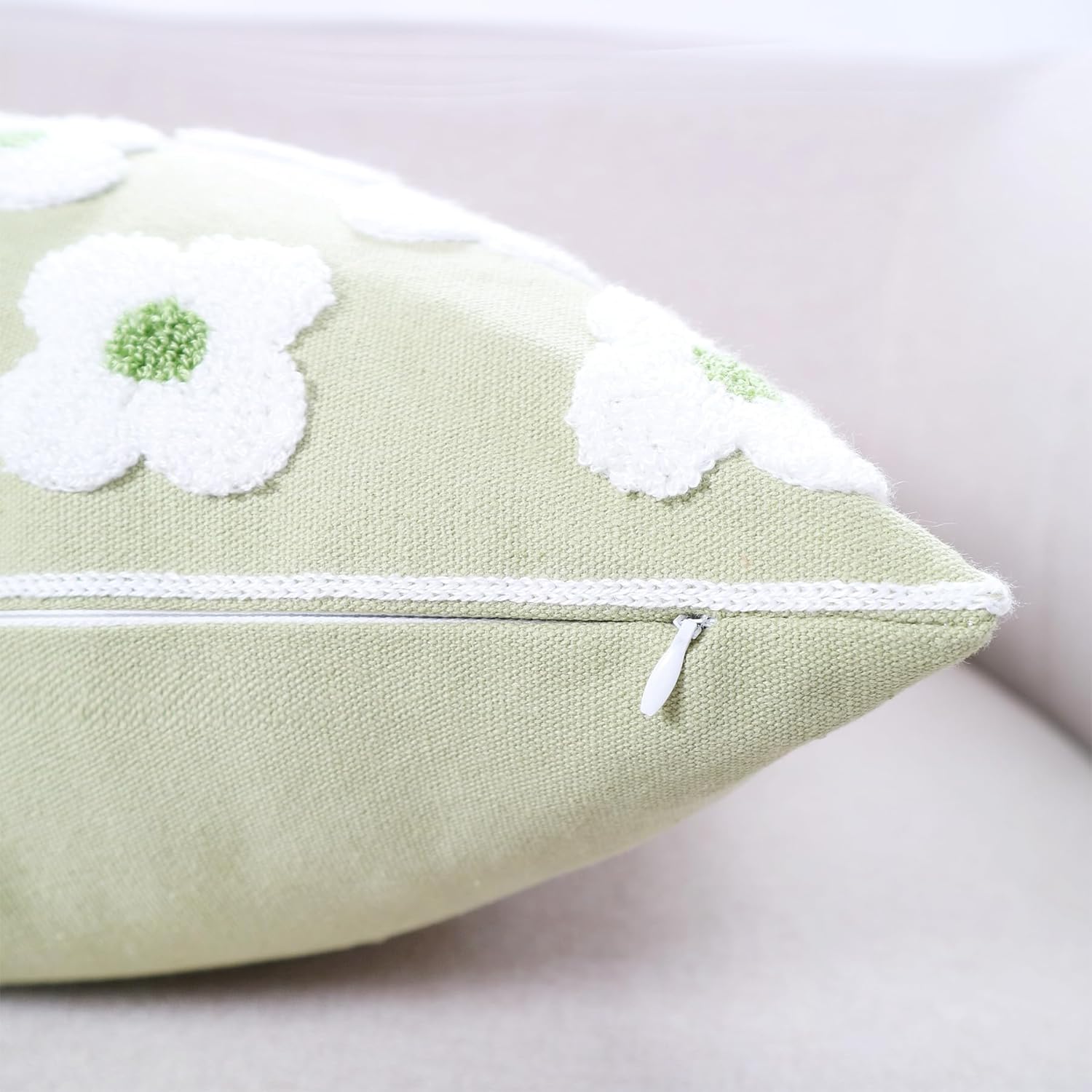 DECOBIRD Embroidery Throw Pillow Cover 18x18 Light Green Floral Design Home Decor Loop Embroidered Pillow Case Thick Cotton Canvas Square Cushion Cover for Couch 45x45cm, 4 Petal Flowers 1 Piece