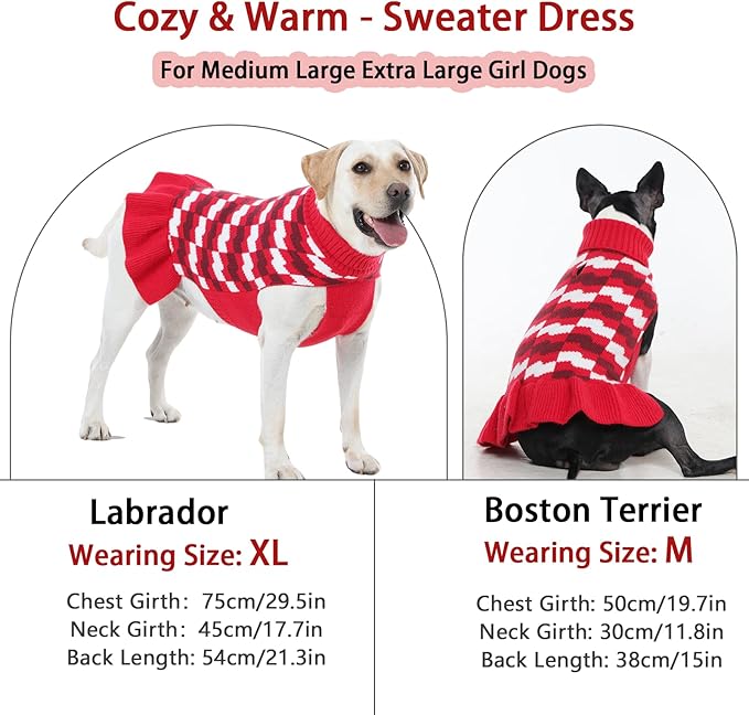 Dog Sweaters for Large Dogs Girl, Dog Sweater Dress with Leash Hole, Thick Turtleneck Knitwear for Female Dogs, Warm Fall Winter Dress for Cold Weather, Thanksgiving, Christmas - Red XXL