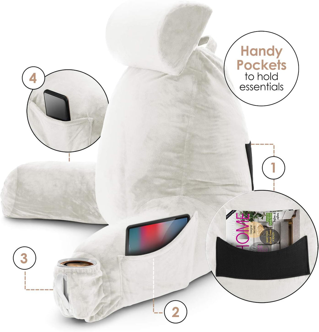 Nestl Reading Pillow with Shredded Memory Foam Includes 2 Neck and Lumber Support Pillows, Designed for Sitting Up in Bed and Couch, Back and Arms Adjustable Support for Adult & Teens, White