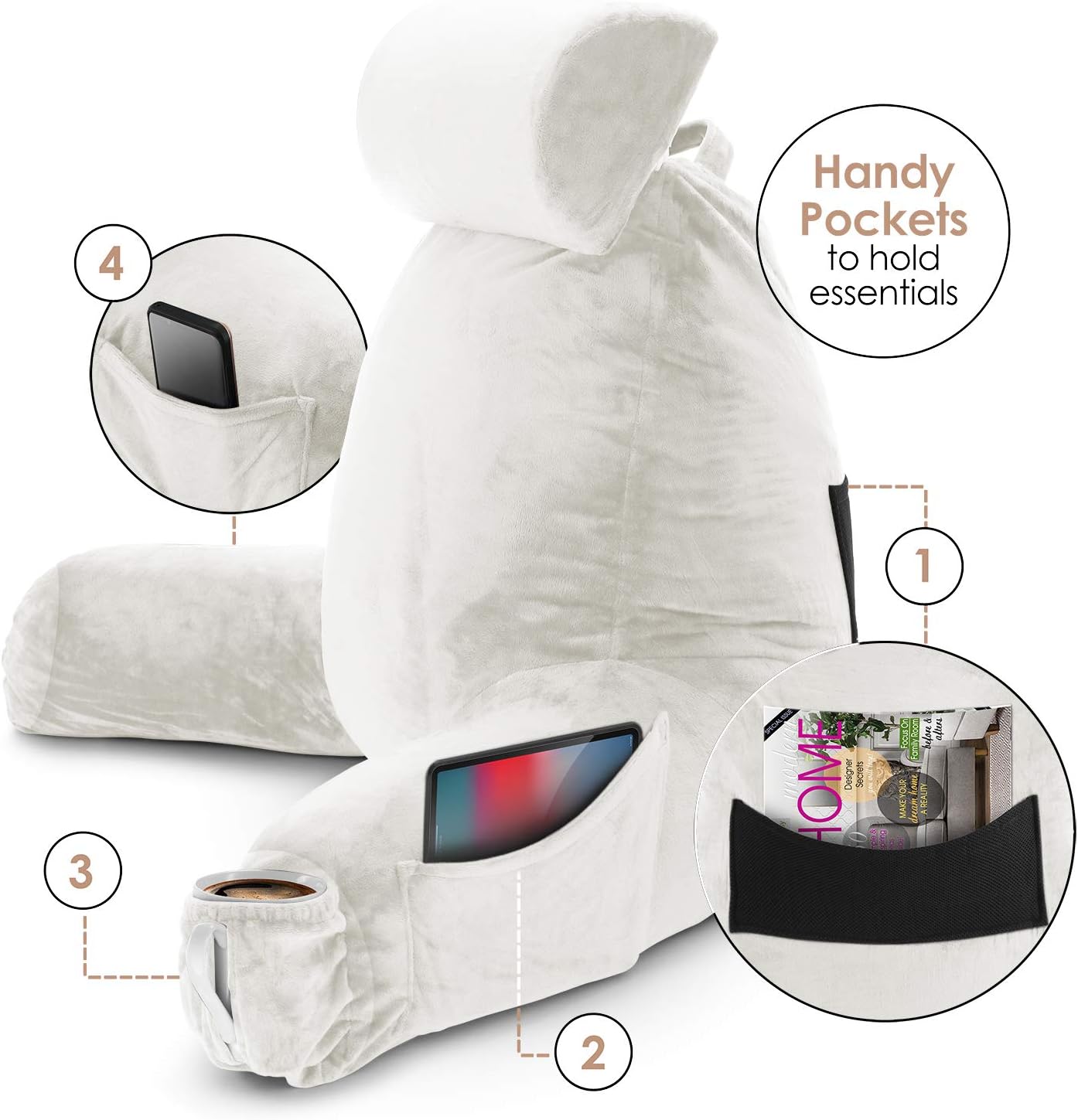 Nestl Reading Pillow with Shredded Memory Foam Includes 2 Neck and Lumber Support Pillows, Designed for Sitting Up in Bed and Couch, Back and Arms Adjustable Support for Adult & Teens, White