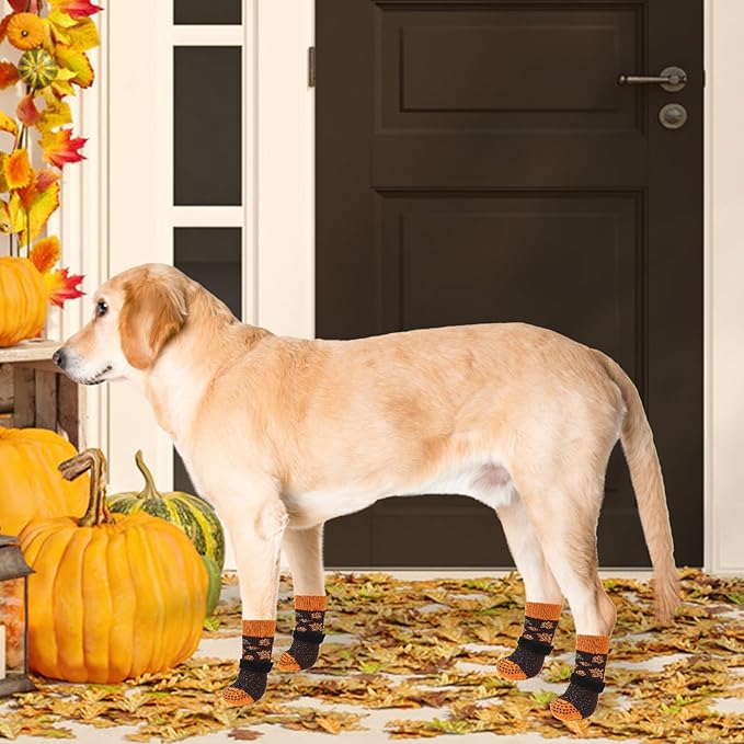 KOOLTAIL Thanksgiving Anti Slip Dog Socks for Hot/Cold Pavement to Prevent Licking Paws, Fall Dog Boots&Paw Protector with Grippers for Hardwood Floors, Traction Booties for Small Medium Large Dogs, L