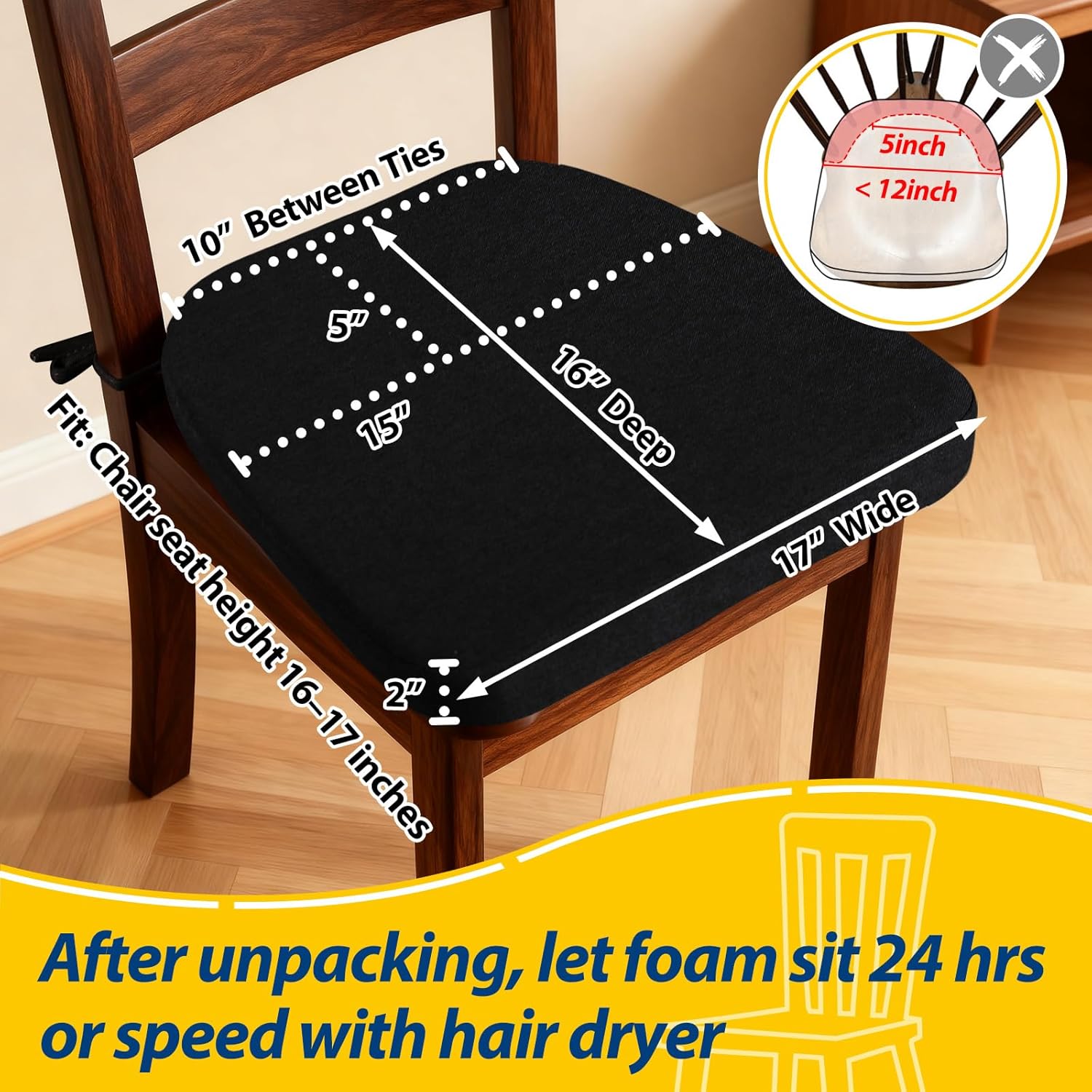 AAAAAcessories D-Shaped Chair Cushions, 2" Thick Dining Chair Pads with Ties and Removable, Machine-Washable Cover, 17" x 16", Set of 4, Black