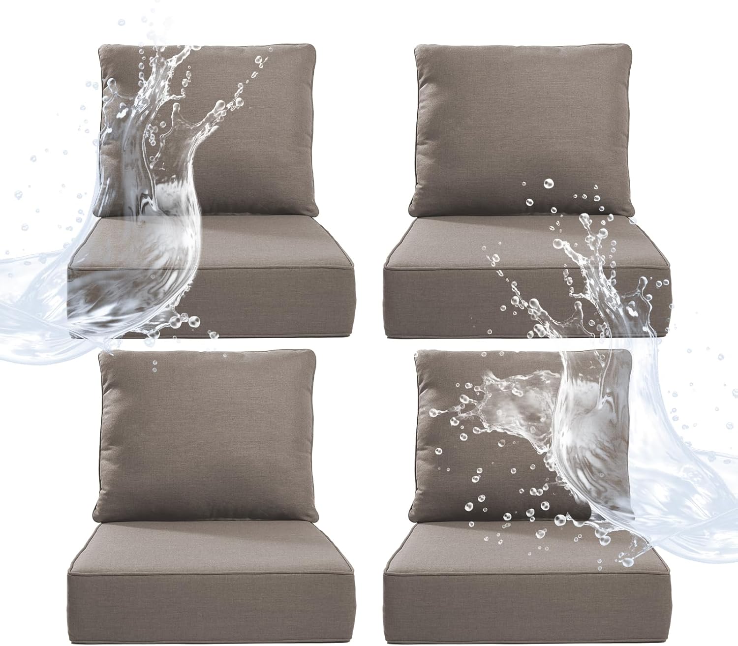 6" Thicker Outdoor Chair Cushion 4 Sets - 24" *24" *6" Waterproof Patio Furniture Cushions with Removable Cover, 28D High Density Sponge Filling Thicken Outdoor Patio Cushions - Grey
