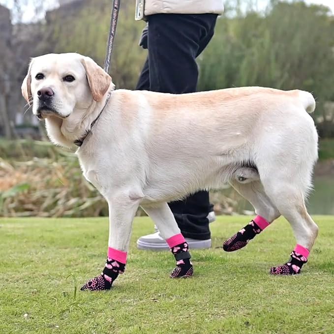 KOOLTAIL Anti Slip Dog Socks for Hot/Cold Pavement to Prevent Licking Paws, Dog Boots&Paw Protector with Grippers for Hardwood Floors,Pink Heart Valentine's Socks Booties for Small Medium Large Dogs L