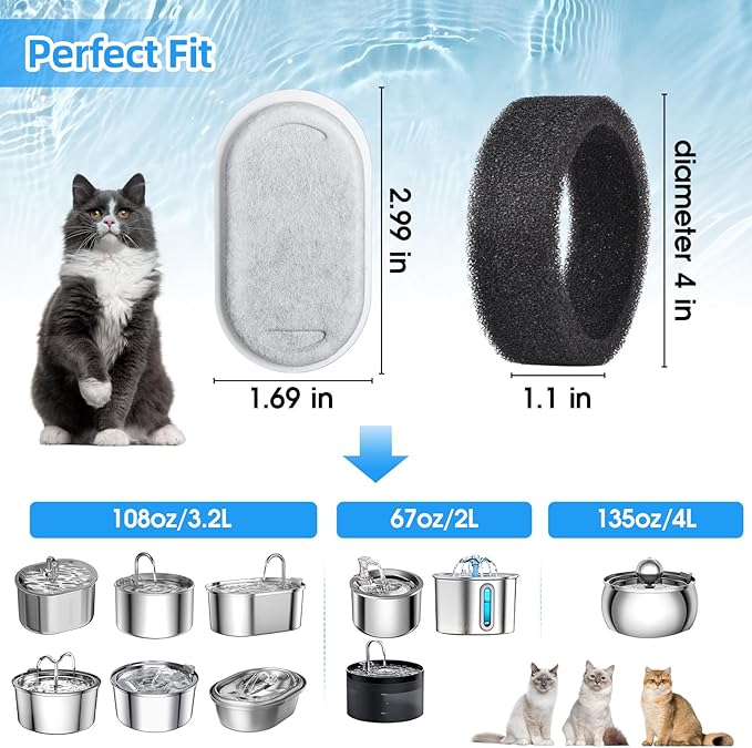 40 Pack Cat Water Fountain Filters-Cat Fountain Replacement Filters for Stainless Steel 108/3.2L& 67oz/2L Adjustable Water Flow Pet Water Fountain(20 Pack Pet Water Filter Refills+20 Pack Sponges)