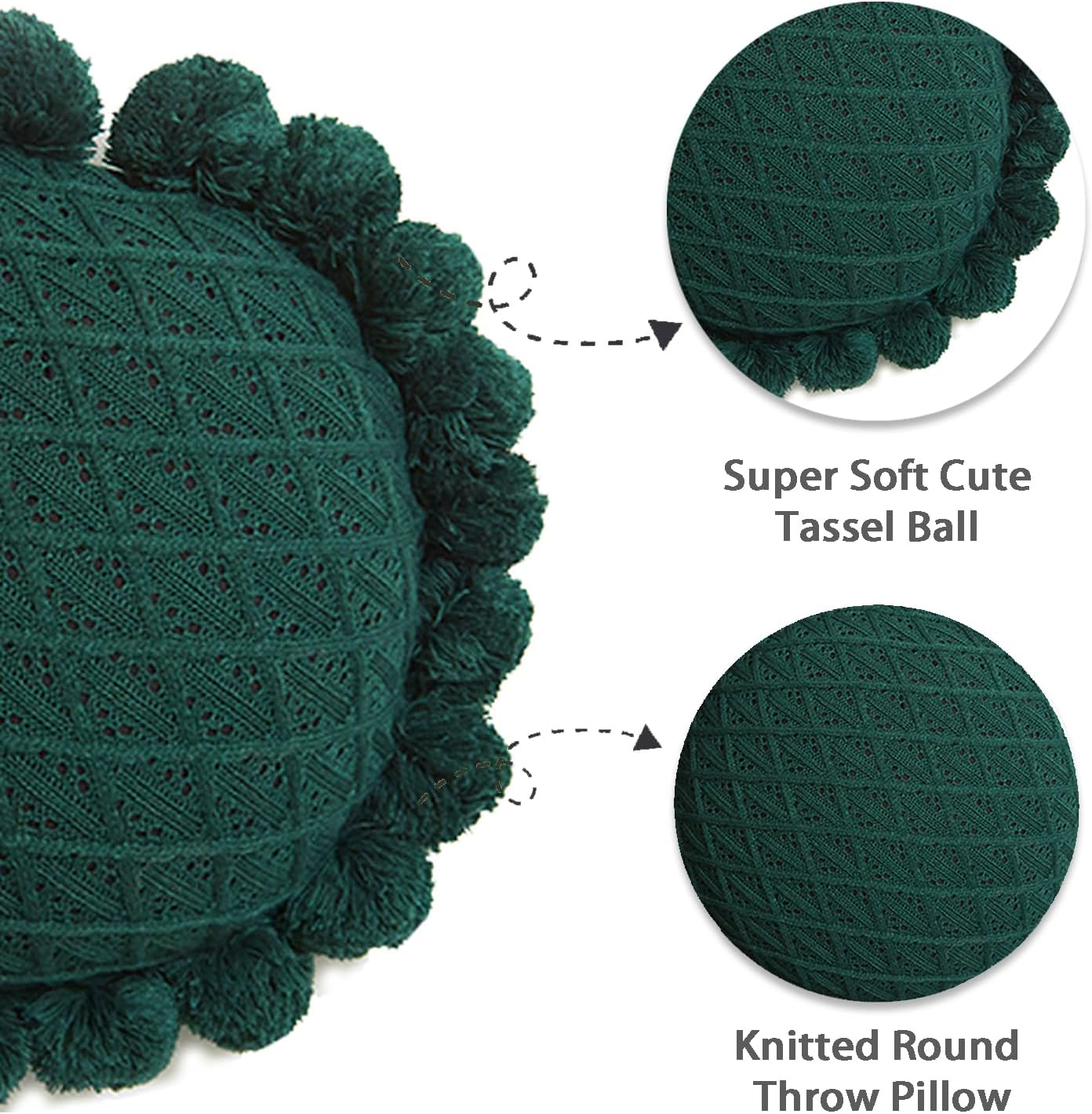 Acrylic Knitted Round Throw Pillow Knitting Bohemian Circular Cushion Pillow with Knit Handmade Pompoms Decorative Dark Green, Diameter 18inches