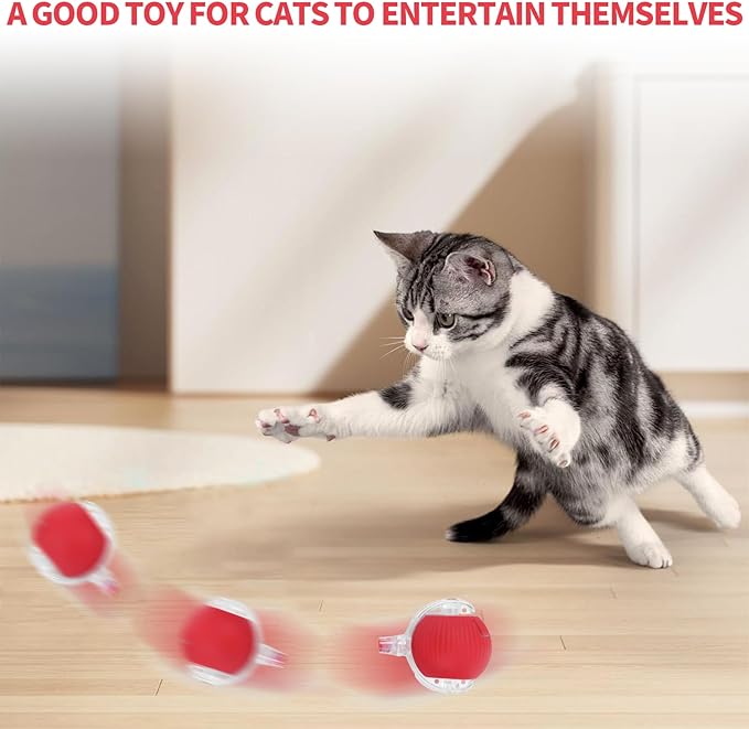 Interactive Rolling Cat Toys Balls, Automatic Cat Toy for Indoor Cats Interactive Balls Pet Moving Ball Interactive, Kitten Toys Moving Cat Toy Automatic Rolling for Dogs USB Rechargeable(Red)