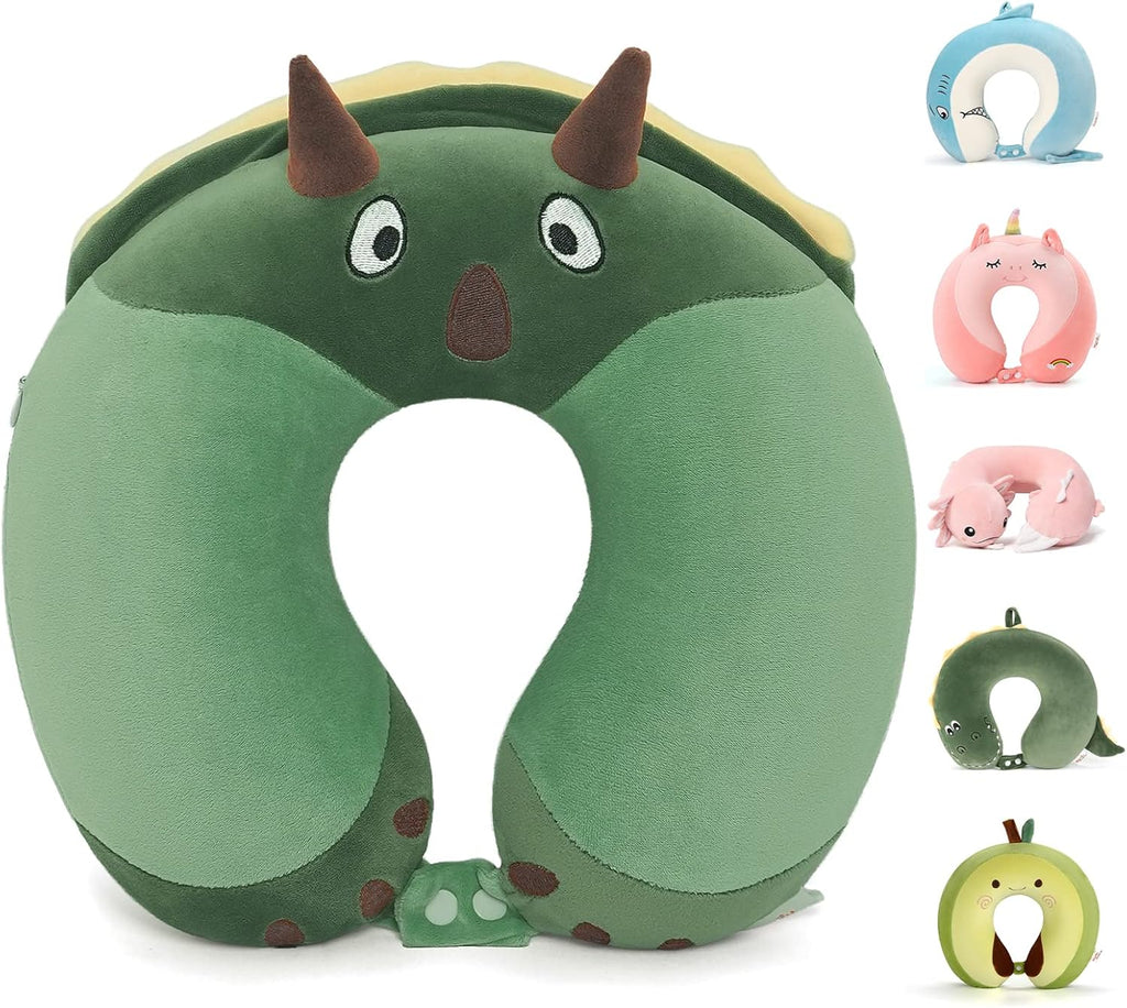 Niuniu Daddy Kids Travel Pillow - Soft Memory Foam Neck Pillow for Airplane, Car, Train Travel - Green Dinosaur Design for Boys & Girls (9-12 Years)