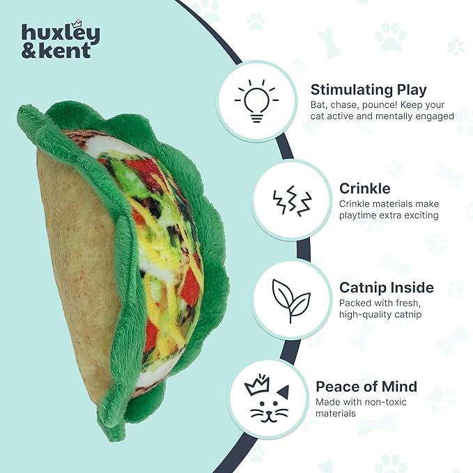 Huxley & Kent Plush Cat Toy - Interactive Catnip Toy for Cats & Kittens - Soft with Crinkle & Catnip - Fun Indoor Play - Taco
