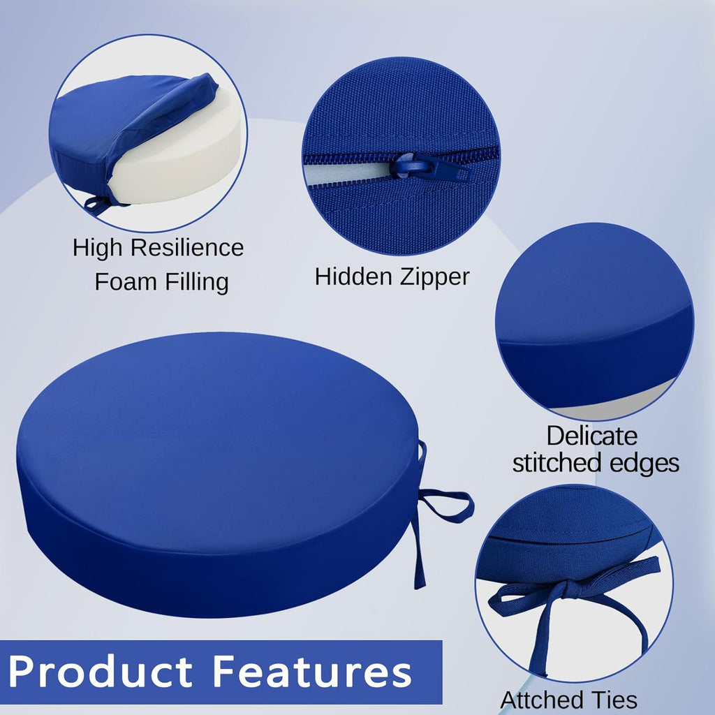 idee-home Outdoor Bistro Chair Cushions, 15”x15”x 3” Thick Outdoor Round Seat Cushions Set of 4 with Ties, Waterproof Round Patio Furniture for Garden