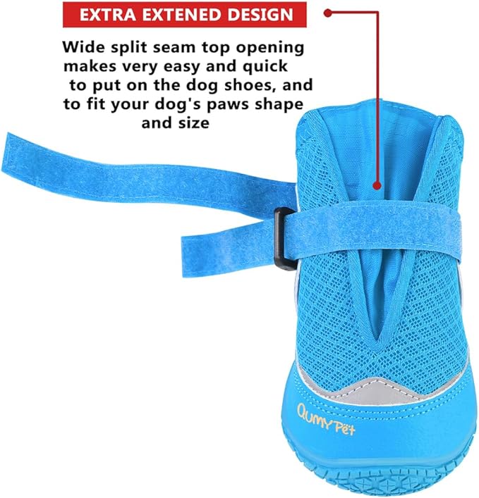 QUMY 4PCS Dog Boots for Large Dogs, Medium Dog Shoes & Paw Protectors for Hot Pavement, Summer Heat Protection, Mesh Breathable Nonslip Dog Booties for Hardfloors, Walking Running Hiking Blue Size 6