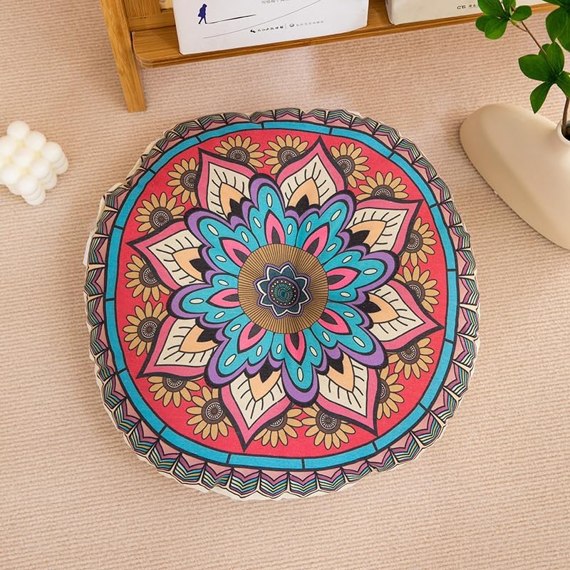 Mandala Round Floor Pillow - 16x16 inch Reversible Cotton Linen Meditation Cushion for Yoga, Balcony & Patio Decor (Colorful)
