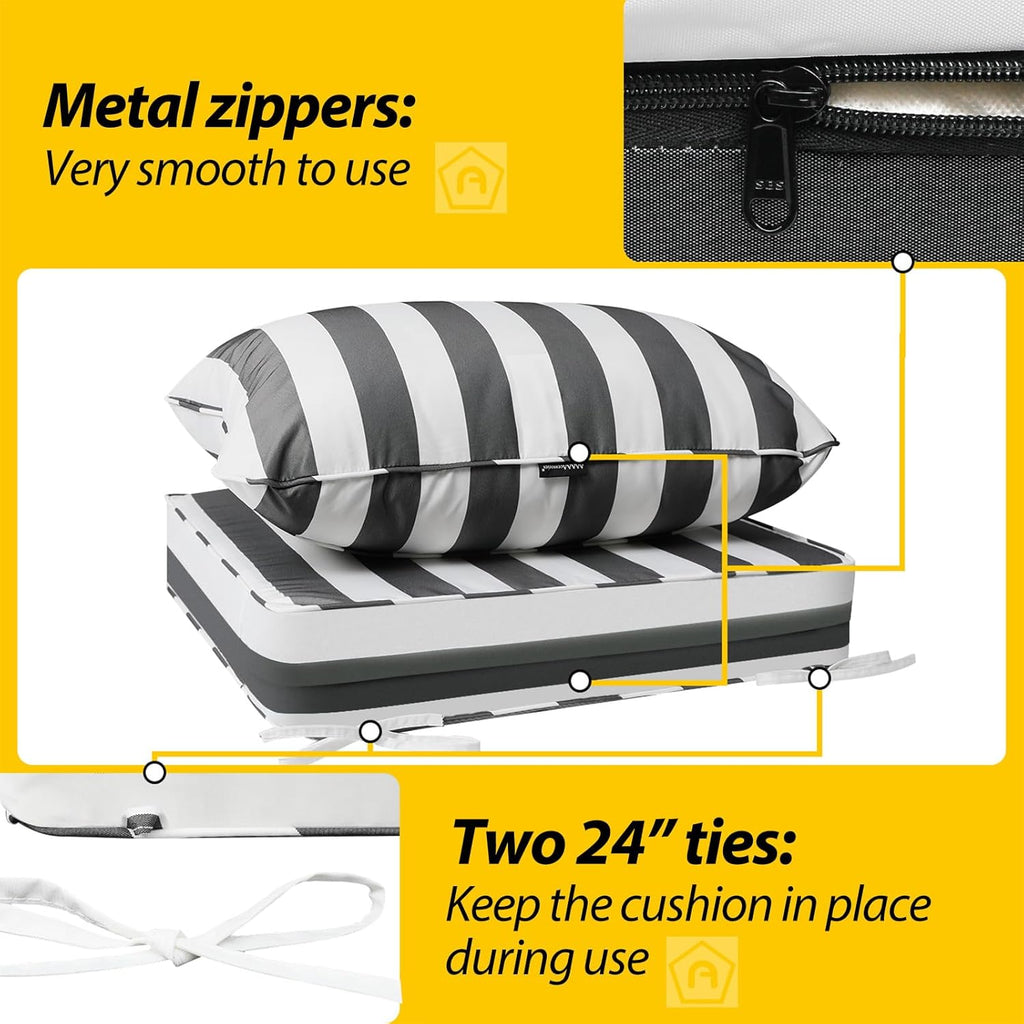AAAAAcessories Outdoor Deep Seat Cushions, Waterproof, Fade-Resistant Patio Furniture Replacement Cushions, 25.5" x 25.5" x 5" + 25.5" x 19", Gray Cabana Stripe
