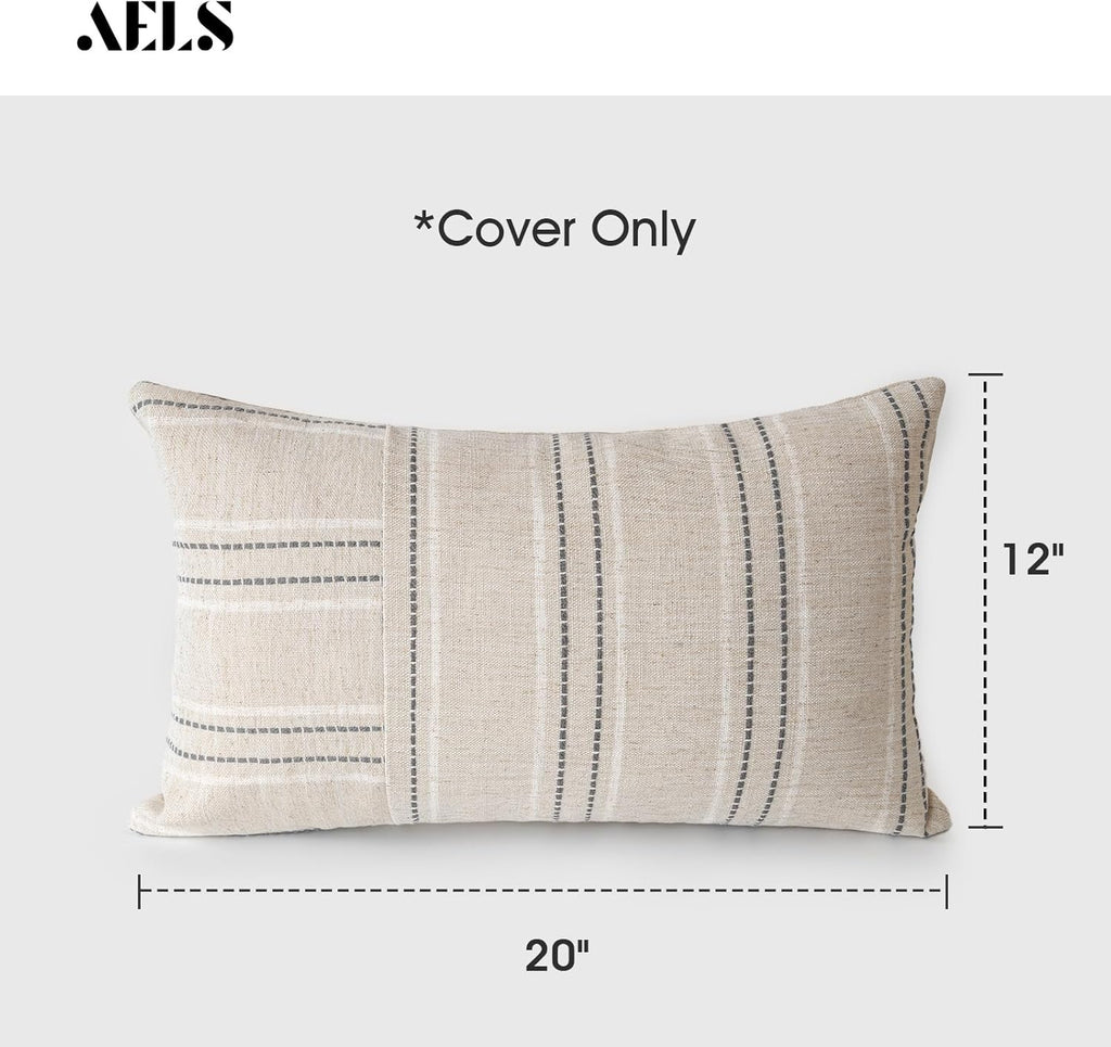 AELS 12x20 Decorative Farmhouse Linen Throw Pillow Covers, Boho Rectangle Lumbar Pillow Case, Set of 2, Beige with White & Gray Stripe Patchwork Cushion Cover for Sofa Couch Living Room (Cover ONLY)