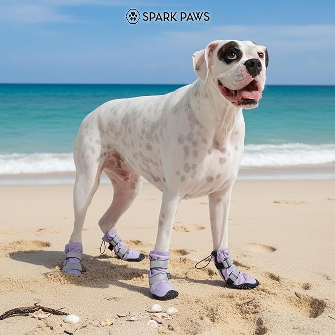 Spark Paws Dog Shoes, Waterproof Dog Boots for Medium to Large Dogs, Non Slip, Breathable Dog Booties and Paw Protectors - 4PCS Doggie Hiking Boots with Reflective Straps - Lilac - Size 4
