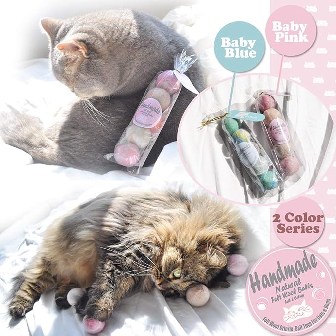 Felt Wool Cat Toys Ball with Catnip and Bell, Natural Handmade (Baby Pink (5 Units))