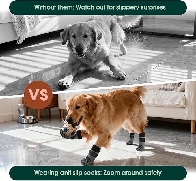 Kuoser Non Slip Dog Socks for Hardwood Floors,4Pack Anti-Slip Dog Grippy Socks to Prevent Licking Paws,Dogs Booties Paw Protectors with Double-Sided Traction for Small Medium Large Senior Dogs,Gray S