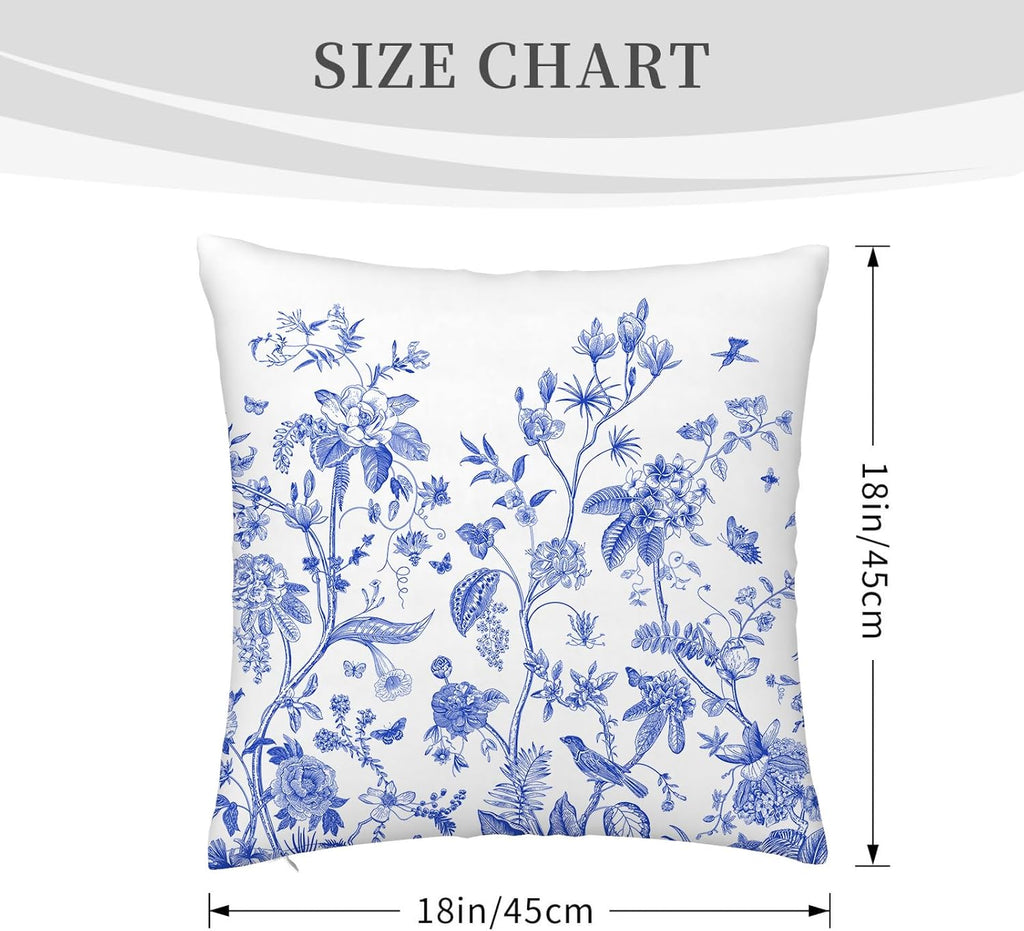 Blue Floral Bird Pillow Covers 18x18 Inch, Chinoiserie Throw Pillow Cases Set of 4 Spring Summer Flower Decorative Pillowcases for Couch Bed Sofa Cushion Living Room, Chinoiserie Decor