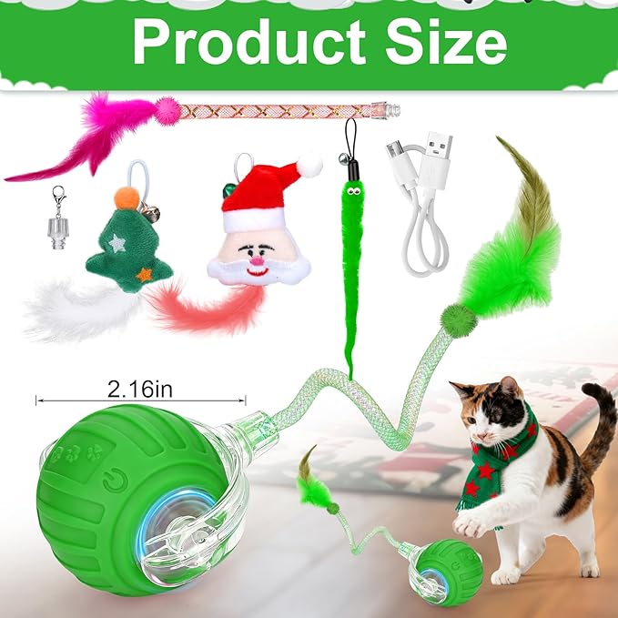 BABORUI Interactive Cat Toy Ball - Automatic Christmas Cat Toys for Indoor Cats with 5 Tails, 2 Speeds Rechargeable Cat Enrichment Toys for Small/Medium/Large Cats to Keep Them Busy