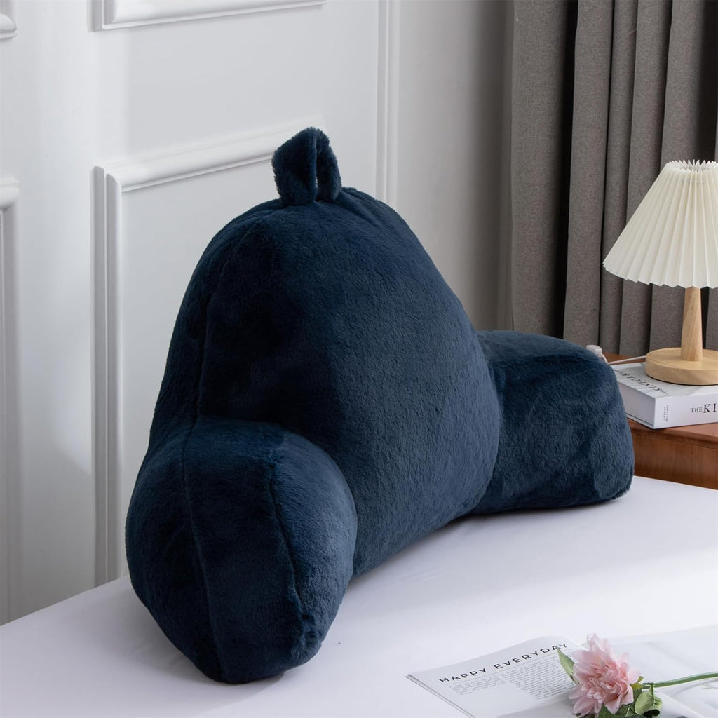 A Nice Night Faux Fur Reading Pillow Bed Wedge Large Adult Children Backrest with Arms Back Support for Sitting Up in Bed/Couch for Bedrest,Navy
