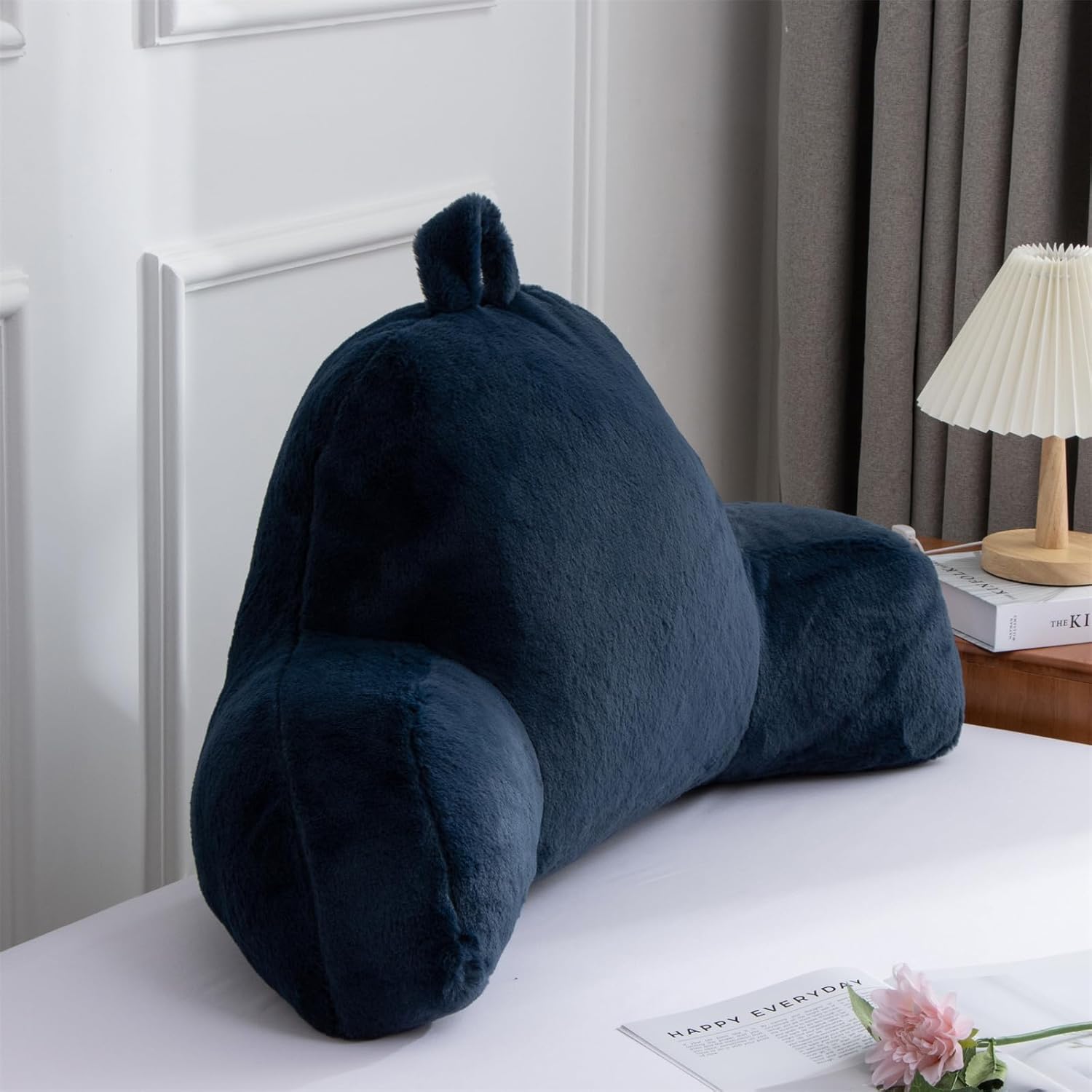 A Nice Night Faux Fur Reading Pillow Bed Wedge Large Adult Children Backrest with Arms Back Support for Sitting Up in Bed/Couch for Bedrest,Navy