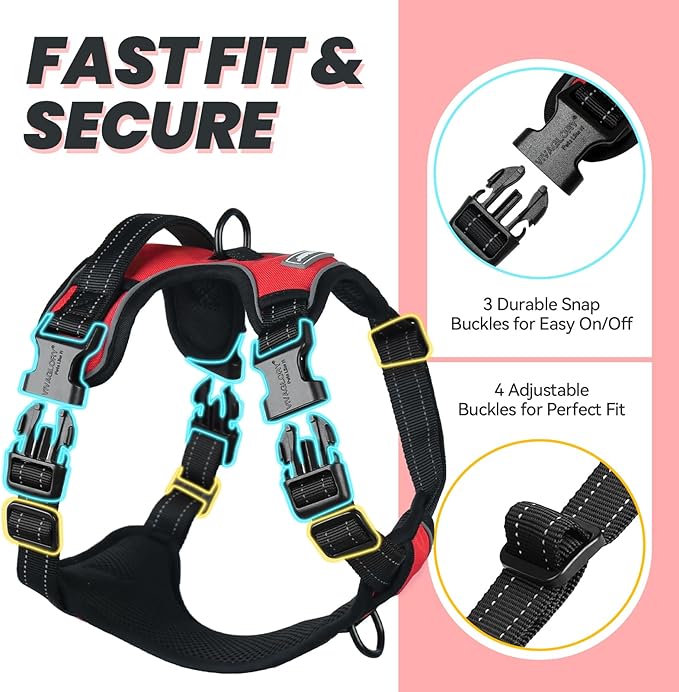 VIVAGLORY Dog Harness Easefit No Pull Dog Harness with Front Clip & Handle for Lifting Training, Adjustable Padded No-Pull Anti Pull Easy On for Puppy & Pet, M, Red