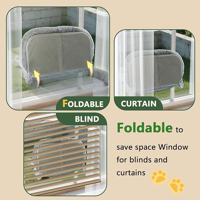 Cat Window Perch with 6 Strong Suction Cups,Mats That can be Switched Between Winter and Summer,Foldable Cordless Cat Beds Can Bear 50LBS Weight (White)