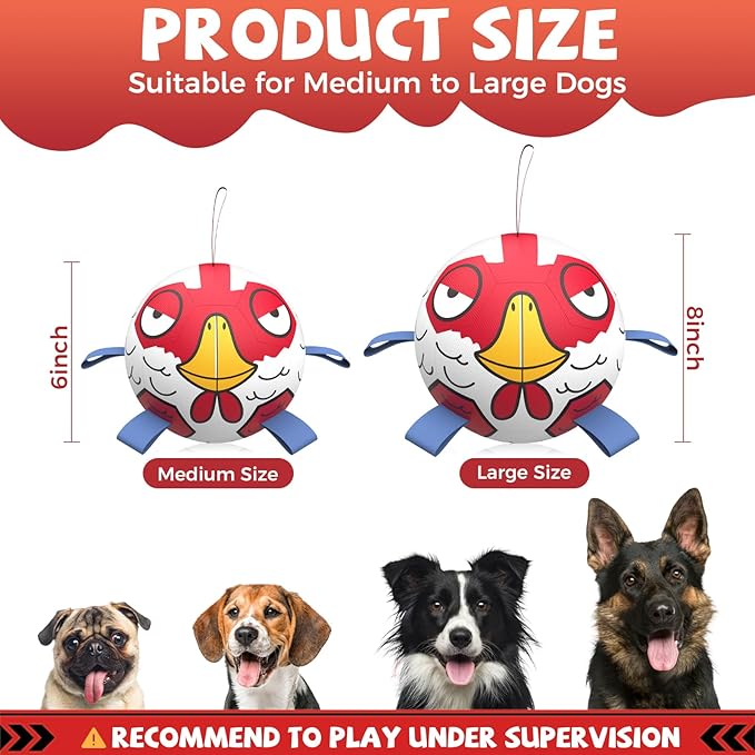 QDAN Dog Balls Toys, Outdoor Dog Toys, Dog Soccer Balls with with Straps, Premium Pet Puppy Birthday Gifts for Small Medium Dogs, 6 Inch, Chicken Ball