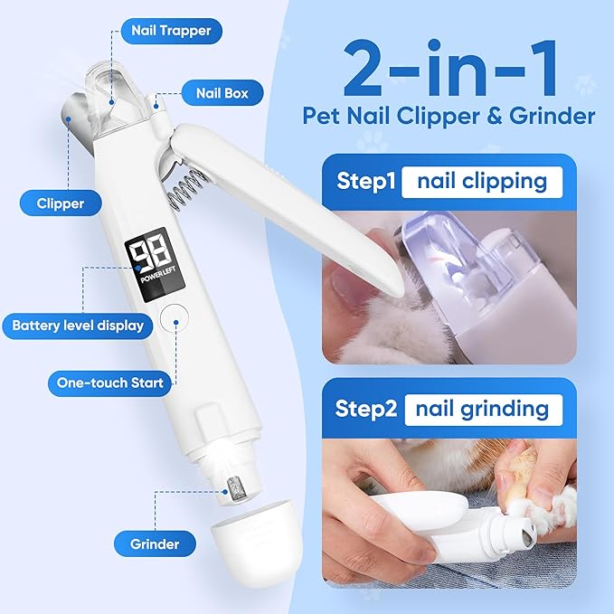 PETCHO 2-in-1 Dog Nail Clipper, Dog Electric Nail Grinder for Large Medium Small Dogs, 2 LED Lights Cats Nail Trimmer with Battery Display