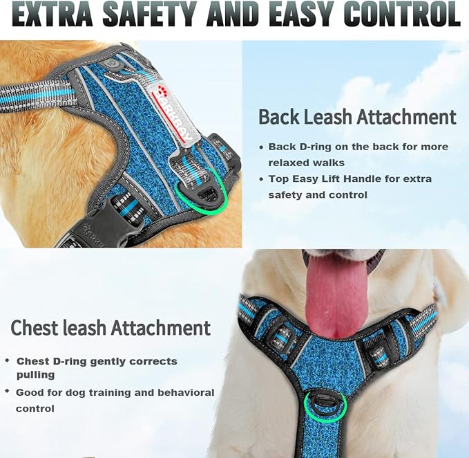 BARKBAY No Pull Dog Harness Large Reflective Dog Harness with Front Clip and Easy Control Handle for Walking Training Running with ID tag Pocket(Blue/Black,XL)