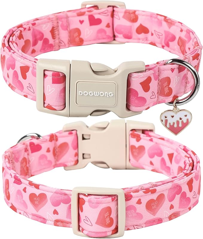 DOGWONG Valentine's Day Dog Collar, Cute Heart Dog Collars, Adjustable Valentine Pink Heart Pet Collars Design Dog Collar with Quick Release Buckle for Puppy Girl Boy Female Dogs