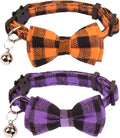 ADOGGYGO Halloween Cat Collars Breakaway with Removable Bowtie Bell, 2 Pack Orange Purple Plaid Halloween Bow Collar for Cats Kittens
