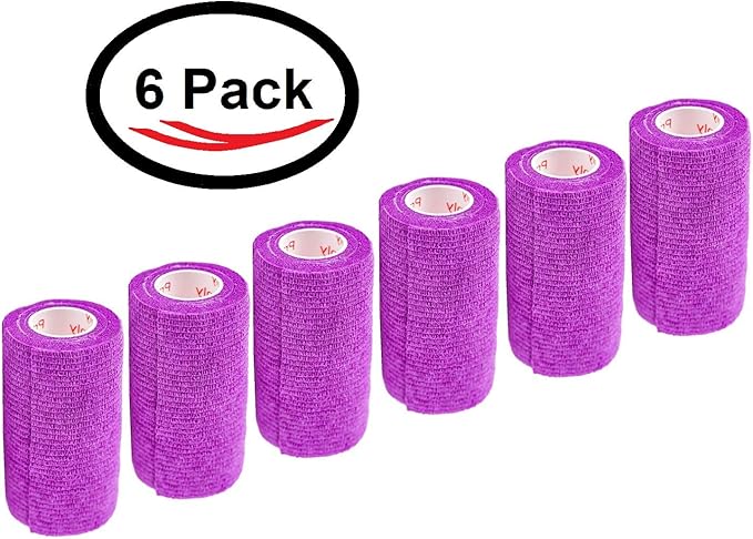 4 Inch Vet Wrap Tape Bulk (Purple) (Pack of 6) Self Adhesive Adherent Adhering Flex Bandage Grip Roll for Dog Cat Pet Horse