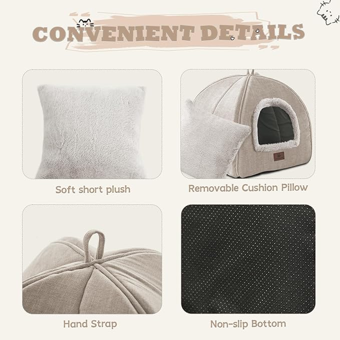 Cat Bed for Indoor Cats - Cat House Cats Tent with Removable Washable Cushioned Pillow, Soft and Self Kitten beds,for Small and Medium Pet Bed, Beige
