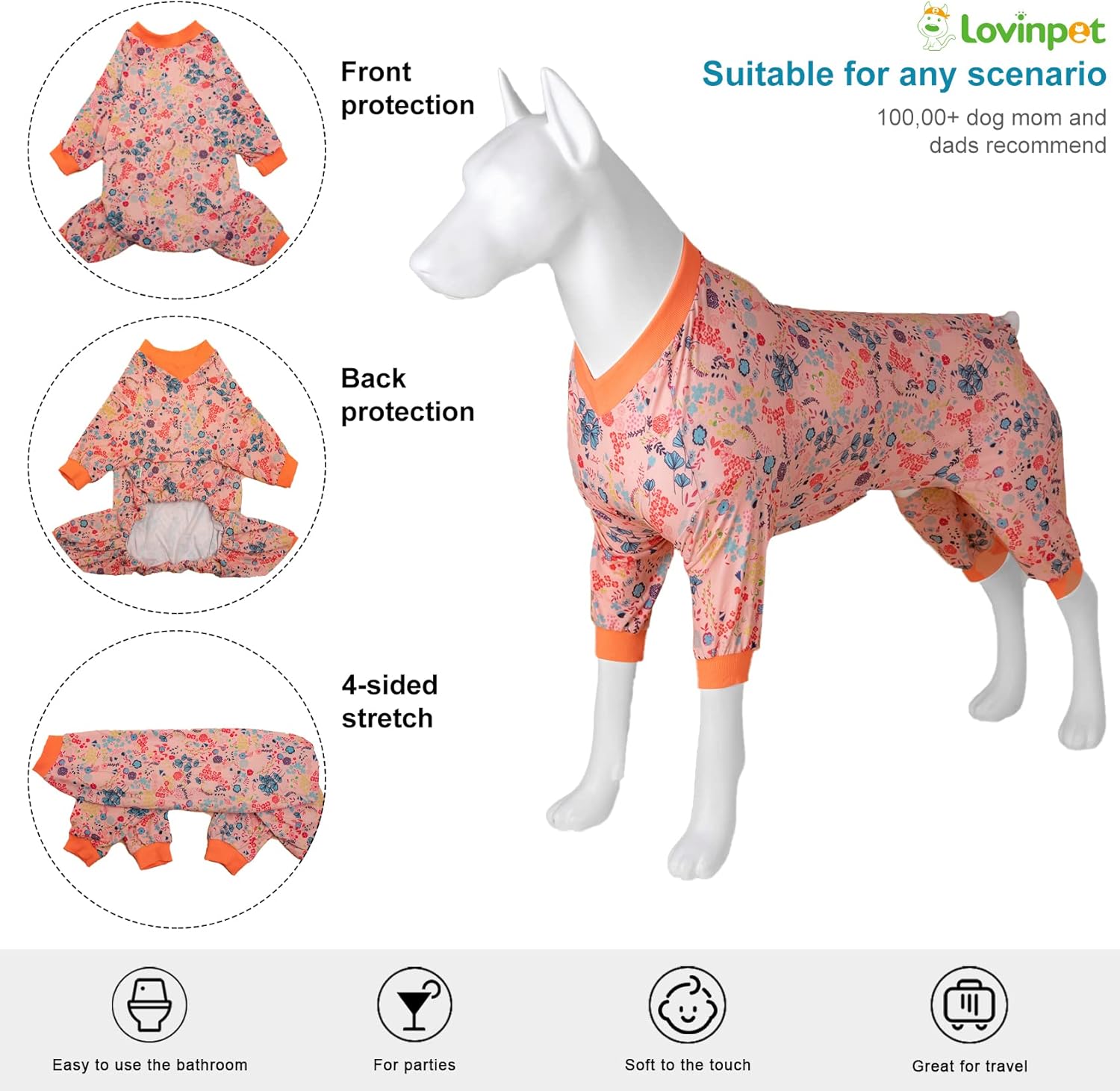 LovinPet Large Dog Pajamas, Pet Anxiety Relief Shirt, Pet Pajamas for Dogs, Anti Licking, Dog Surgery Recovery Clothes, Breathable Stretchy Fabric, Red, Shimmering Blooms Blush Print, 3XL