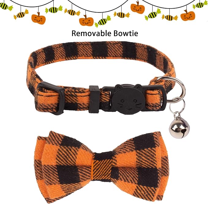 ADOGGYGO Halloween Cat Collars Breakaway with Removable Bowtie Bell, 2 Pack Orange Purple Plaid Halloween Bow Collar for Cats Kittens