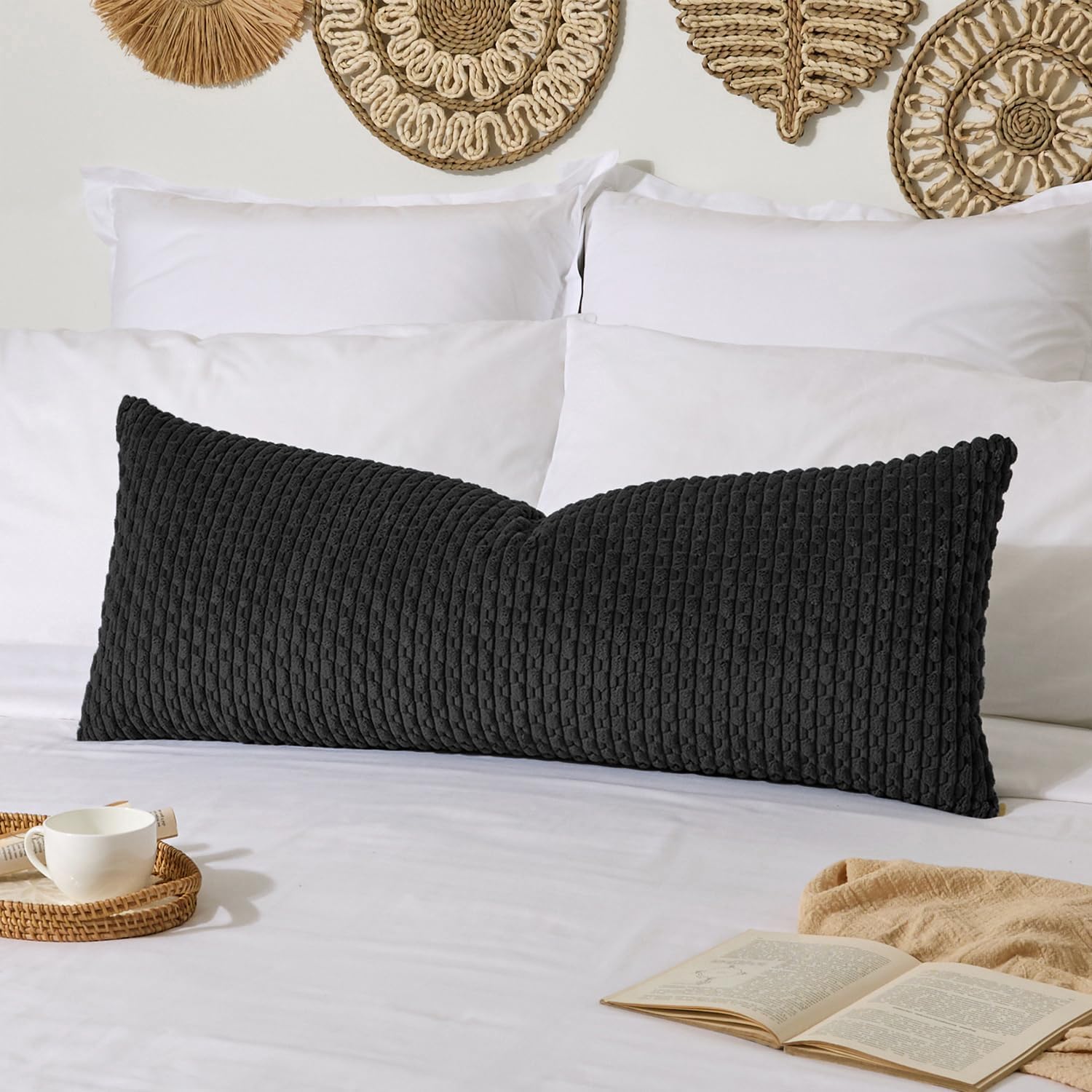 Kevin Textile 14x36 Inch Long Lumbar 1 Pack Boho Decorative Throw Pillow Cover Soft Striped Corduroy Rectangle Cushion Case Farmhouse Accent for Living Room Couch Sofa Bed, Black