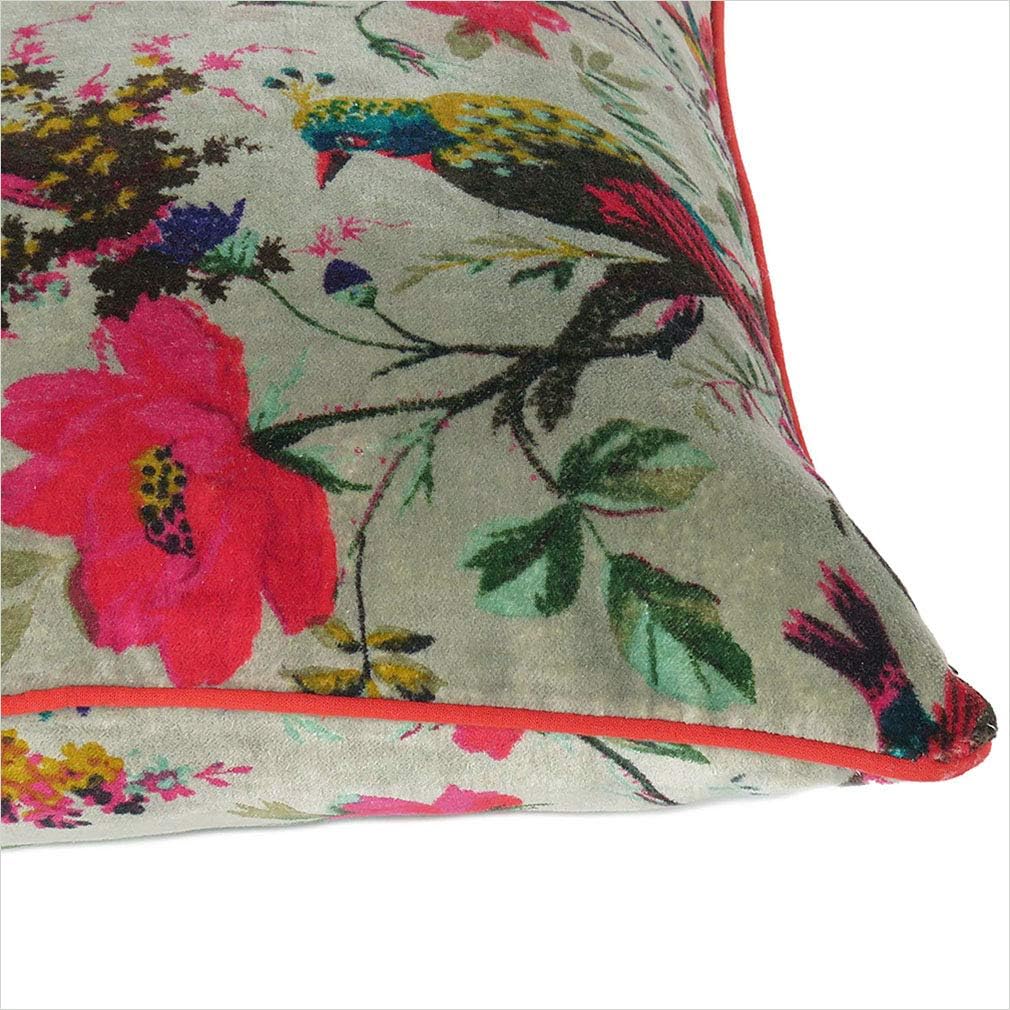 Eyes of India Velvet Floral Flower Bird Throw Pillow Sofa Cushion Cover Case Couch Colorful Boho Chic Bohemian Accent Indian Handmade (Olive Green, 16" x 16")