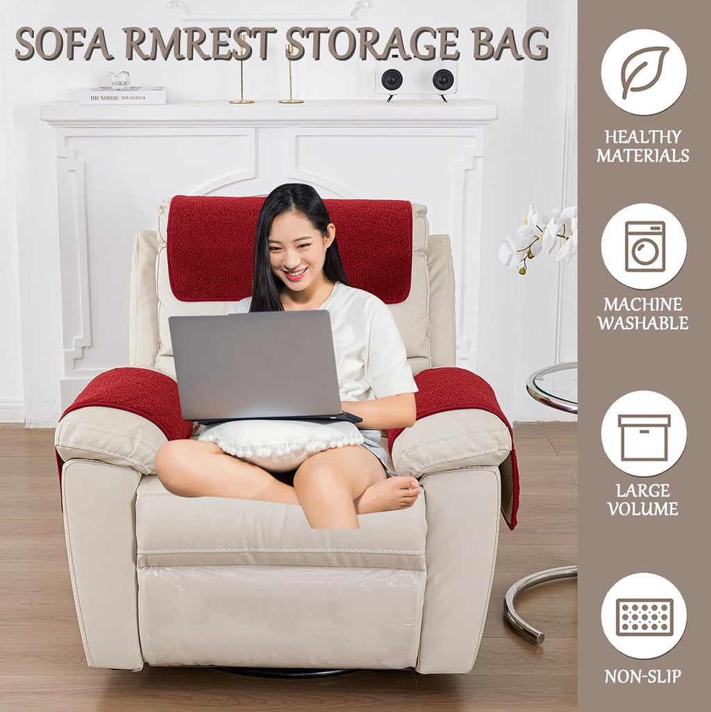 Armrest Cover, Recliner Chair Protector, Furniture Protector Slip, Side Storage Pocket, Stretch Armchair Couch Arm Rest Cover for Recliner, Chair, Sofa (Wine Red,2 Seater(4pcs))