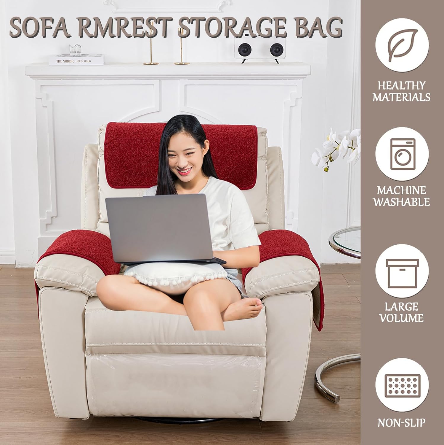 Armrest Cover, Recliner Chair Protector, Furniture Protector Slip, Side Storage Pocket, Stretch Armchair Couch Arm Rest Cover for Recliner, Chair, Sofa (Wine Red,1 Seater(3pcs))