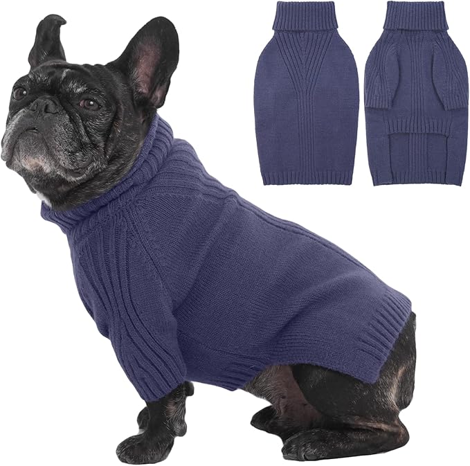 IECOii Dog Sweaters for Medium Dogs Girl Boy,Holiday Knit Doggy Sweatshirt with Sleeve,Turtleneck Thick Warm Dog Sweaters for Winter,Pullover Knitwear for French Bulldog,Boston Terrier (Blue, L)