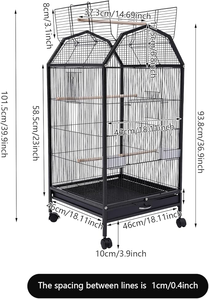 39.9'' Iron Parakeet Bird Cage, Pet Bird Flight Cages with Rolling Stand for Conures Lovebirds Cockatiels Finches Parrot Pet House, Small to Medium Birds