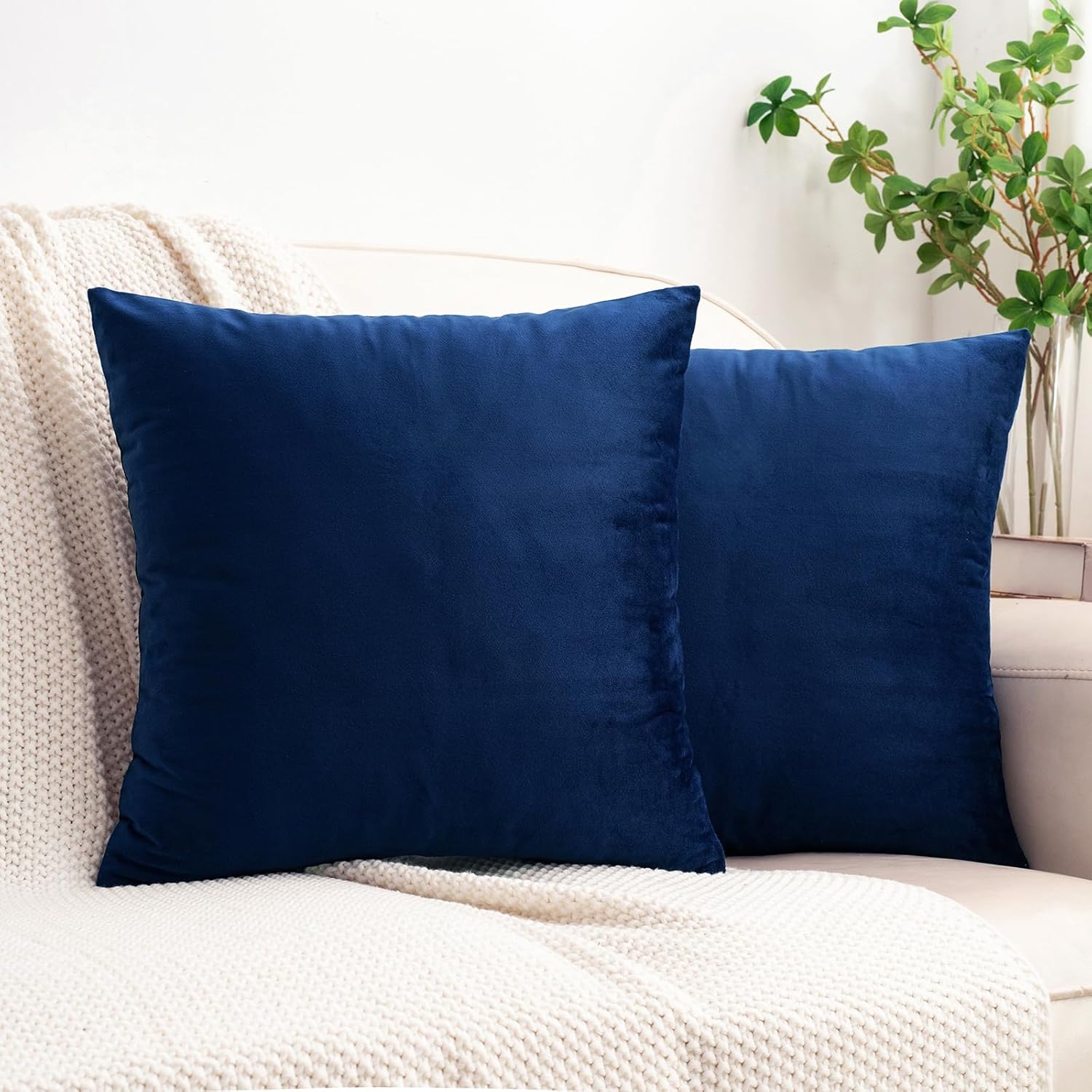 HWY 50 Navy Blue Velvet Throw Pillow Covers 16x16 Inch, Pack of 2 Soft Cozy Solid Decorative Luxury Cushion Cases for Couch Sofa Bed Living Room Bedroom